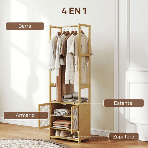 HOMCOM Móvel Cabide de Entrada Cabide para Roupas de Bambu com Sapateira Barra para Pendurar Prateleira Ajustável para Entrada Corredor Quarto 53x31x168 cm Madeira