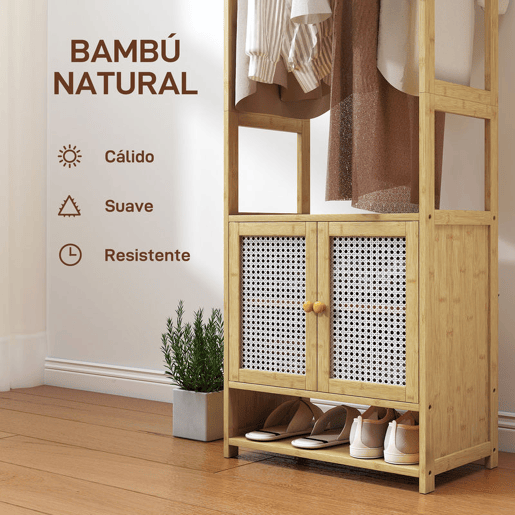 HOMCOM Móvel Cabide de Entrada Cabide para Roupas de Bambu com Sapateira Barra para Pendurar Prateleira Ajustável para Entrada Corredor Quarto 53x31x168 cm Madeira