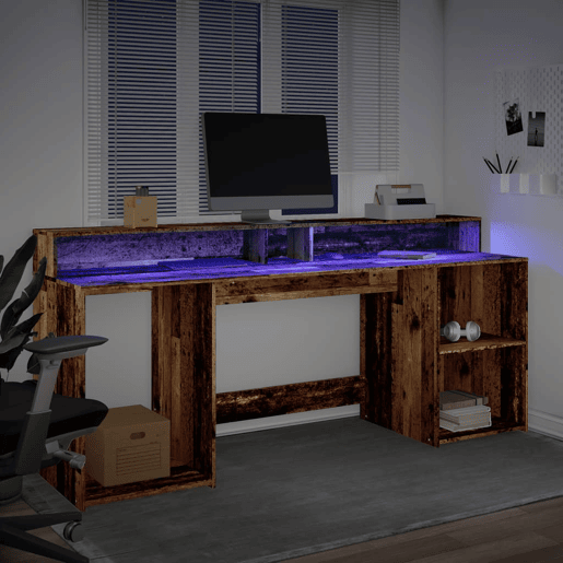Secretária - Escrivaninha de computador com luzes LED derivados de madeira madeira velha