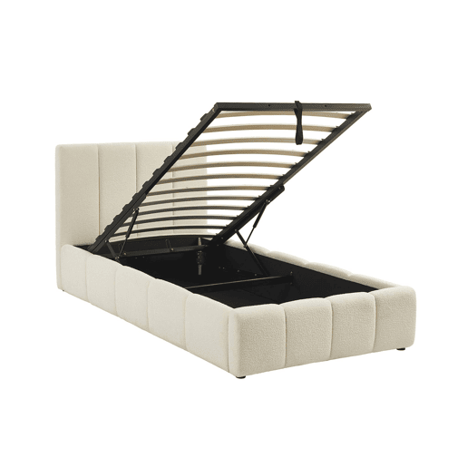Cama baú com estrado de ripas e cabeceira 90cm, acabamento boucle, Lex, Branco, 211x105x91 cm