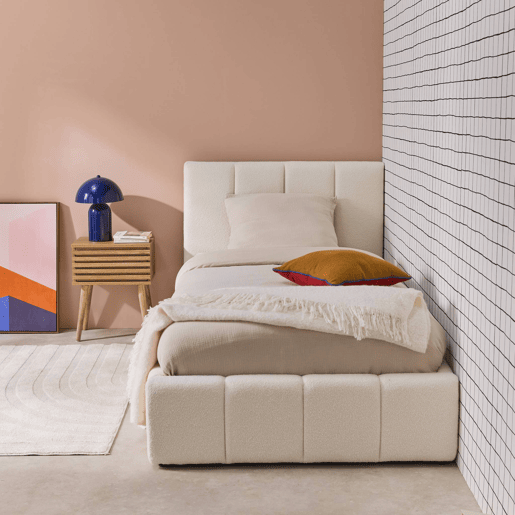 Cama baú com estrado de ripas e cabeceira 90cm, acabamento boucle, Lex, Branco, 211x105x91 cm