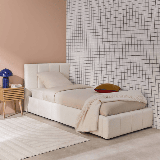 Cama baú com estrado de ripas e cabeceira 90cm, acabamento boucle, Lex, Branco, 211x105x91 cm