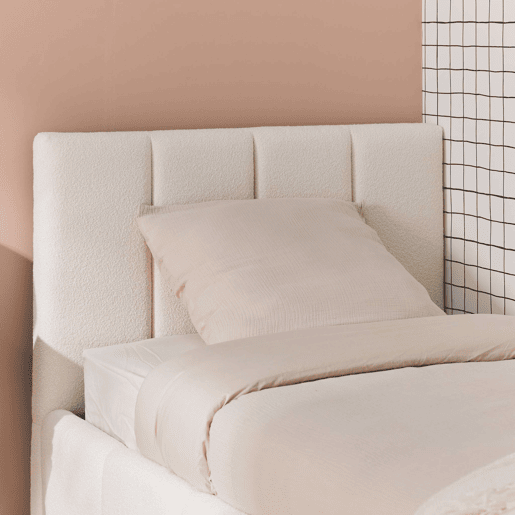 Cama baú com estrado de ripas e cabeceira 90cm, acabamento boucle, Lex, Branco, 211x105x91 cm