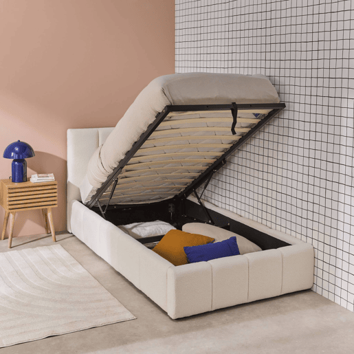 Cama baú com estrado de ripas e cabeceira 90cm, acabamento boucle, Lex, Branco, 211x105x91 cm