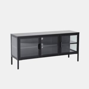 Móvel de TV industrial em metal e vidro com 3 portas, 120cm, Arkansas, Preto, 120x35x55 cm