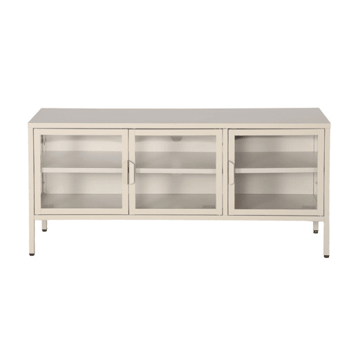 Móvel de TV industrial em metal e vidro com 3 portas, 120cm, Arkansas, Beige, 120x35x55 cm