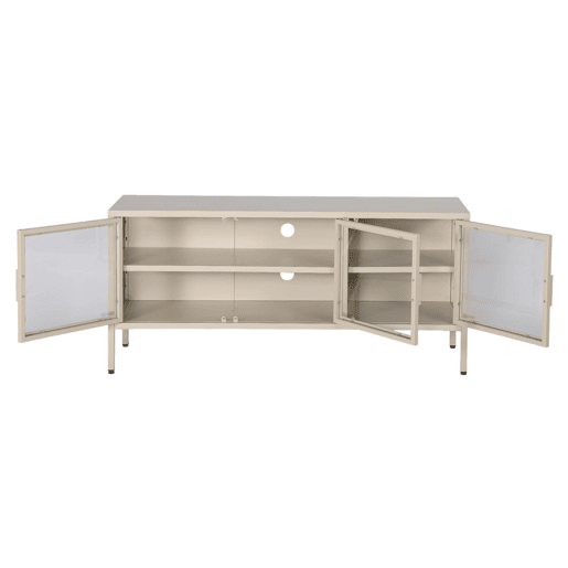 Móvel de TV industrial em metal e vidro com 3 portas, 120cm, Arkansas, Beige, 120x35x55 cm