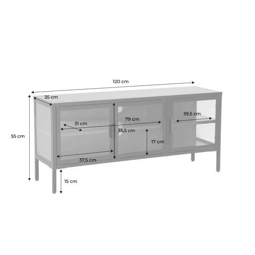 Móvel de TV industrial em metal e vidro com 3 portas, 120cm, Arkansas, Beige, 120x35x55 cm