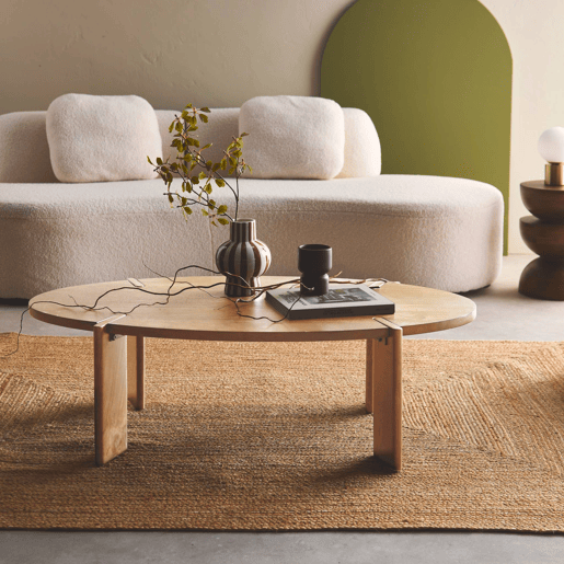 Mesa de centro oval em madeira de manga maciça, Reva, Natural, 120x65x36 cm