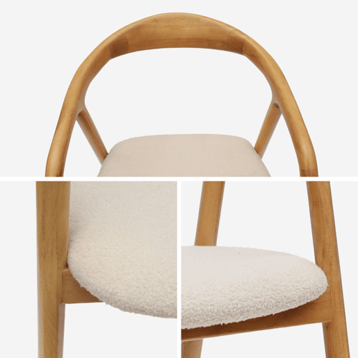 Cadeira de madeira de hevea e boucle, set de 2, Sara, Natural, 55x58x79 cm