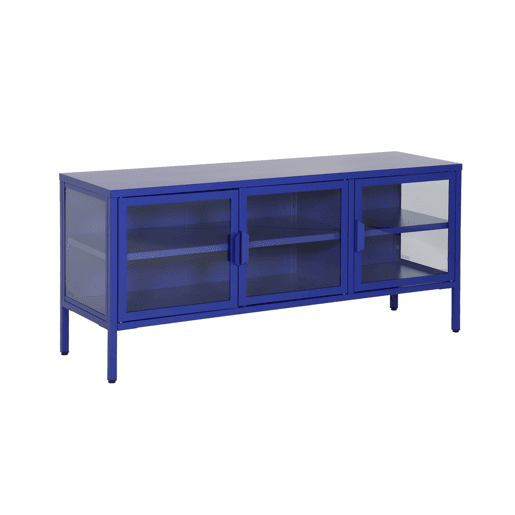 Móvel de TV industrial em metal e vidro com 3 portas, 120cm, Arkansas, Azul, 120x35x55 cm