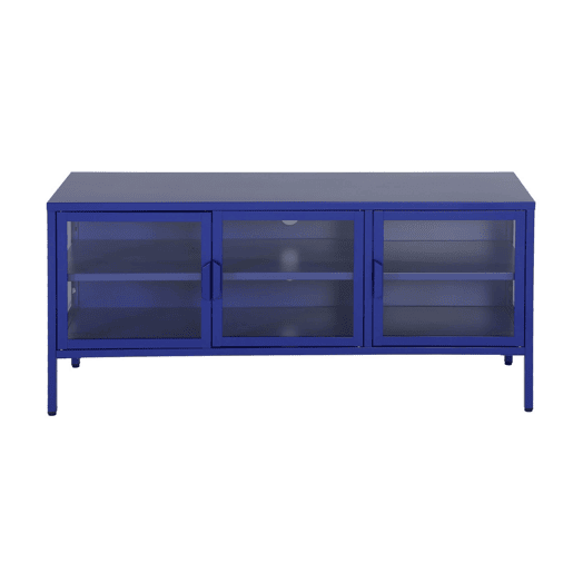 Móvel de TV industrial em metal e vidro com 3 portas, 120cm, Arkansas, Azul, 120x35x55 cm