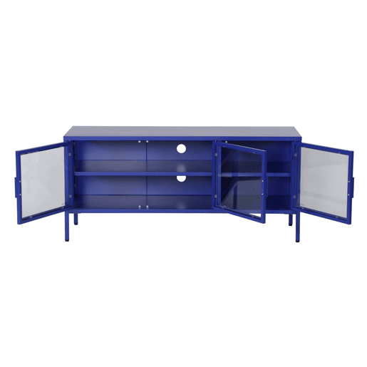Móvel de TV industrial em metal e vidro com 3 portas, 120cm, Arkansas, Azul, 120x35x55 cm