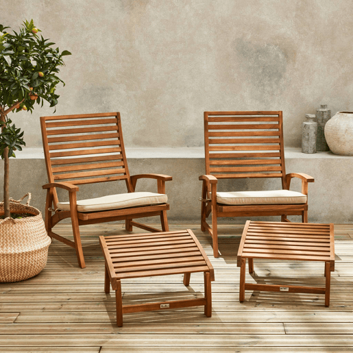 Cadeira com apoio para os pés em madeira, set de 2, Puebla, Teck, 71x59x75 cm