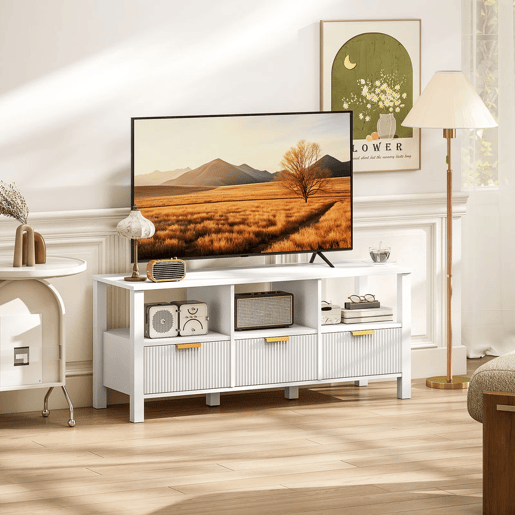 HOMCOM Móvel de TV Moderno Móvel de TV para Sala de Estar com 3 Gavetas e 3 Prateleiras Abertas para Televisores de 43-55 Polegadas 120x39,5x50 cm Branco