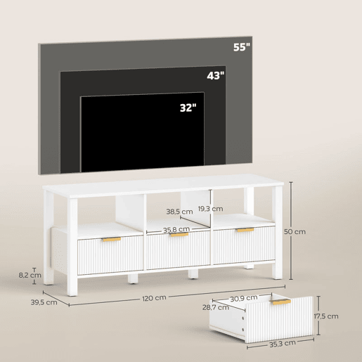 HOMCOM Móvel de TV Moderno Móvel de TV para Sala de Estar com 3 Gavetas e 3 Prateleiras Abertas para Televisores de 43-55 Polegadas 120x39,5x50 cm Branco