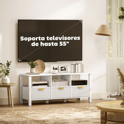HOMCOM Móvel de TV Moderno Móvel de TV para Sala de Estar com 3 Gavetas e 3 Prateleiras Abertas para Televisores de 43-55 Polegadas 120x39,5x50 cm Branco