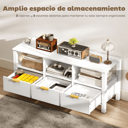 HOMCOM Móvel de TV Moderno Móvel de TV para Sala de Estar com 3 Gavetas e 3 Prateleiras Abertas para Televisores de 43-55 Polegadas 120x39,5x50 cm Branco