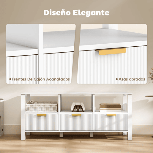 HOMCOM Móvel de TV Moderno Móvel de TV para Sala de Estar com 3 Gavetas e 3 Prateleiras Abertas para Televisores de 43-55 Polegadas 120x39,5x50 cm Branco