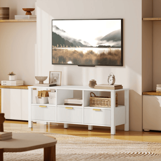 HOMCOM Móvel de TV Moderno Móvel de TV para Sala de Estar com 3 Gavetas e 3 Prateleiras Abertas para Televisores de 43-55 Polegadas 120x39,5x50 cm Branco