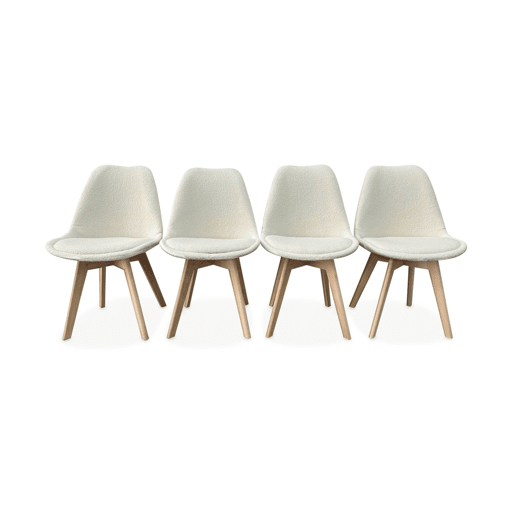 Cadeira escandinava encaracolada com pernas de madeira, set de 4, Nils boucle, Branco, 47x55x81 cm