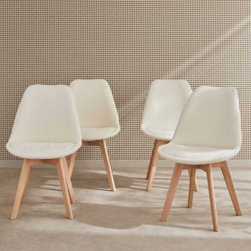 Cadeira escandinava encaracolada com pernas de madeira, set de 4, Nils boucle, Branco, 47x55x81 cm