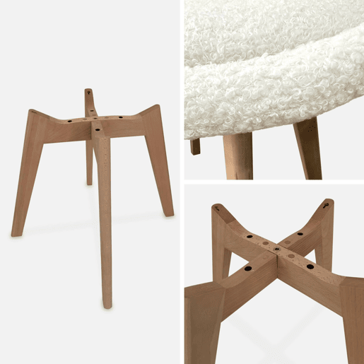 Cadeira escandinava encaracolada com pernas de madeira, set de 4, Nils boucle, Branco, 47x55x81 cm