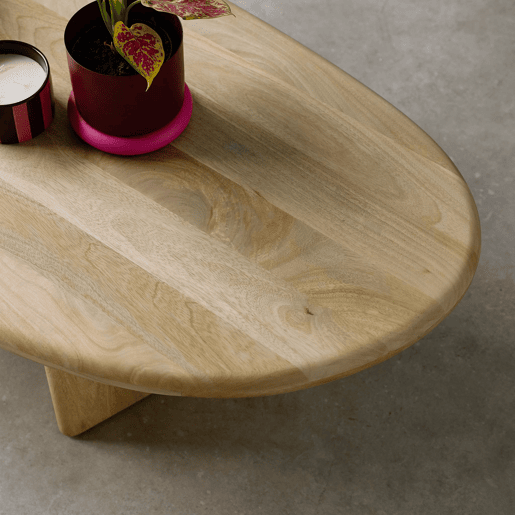 Mesa de centro oval em madeira de mangueira maciça, Shiva, Natural, 120x60x35 cm