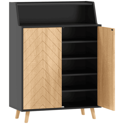 HOMCOM Sapateira de 2 Portas Sapateira para Entrada com Prateleiras Ajustáveis Compartimento Aberto e Pés em Madeira para 15 Pares de Sapatos 75x35x104 cm Preto e Madeira