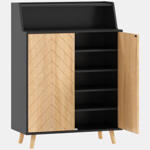 HOMCOM Sapateira de 2 Portas Sapateira para Entrada com Prateleiras Ajustáveis Compartimento Aberto e Pés em Madeira para 15 Pares de Sapatos 75x35x104 cm Preto e Madeira