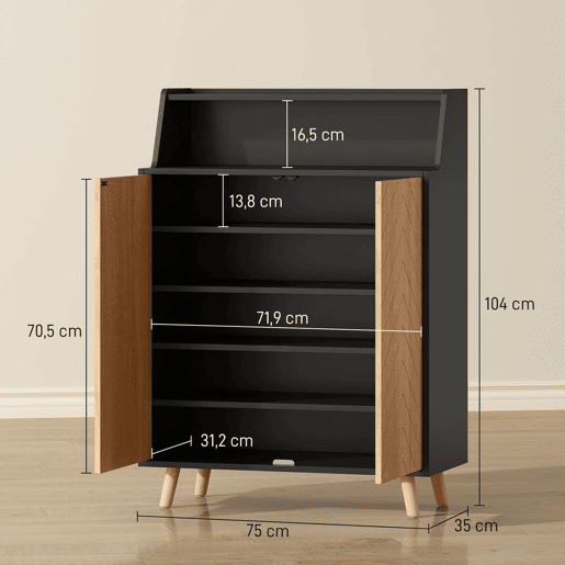 HOMCOM Sapateira de 2 Portas Sapateira para Entrada com Prateleiras Ajustáveis Compartimento Aberto e Pés em Madeira para 15 Pares de Sapatos 75x35x104 cm Preto e Madeira