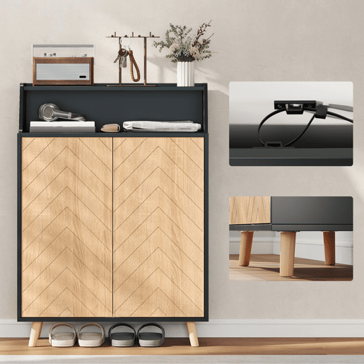 HOMCOM Sapateira de 2 Portas Sapateira para Entrada com Prateleiras Ajustáveis Compartimento Aberto e Pés em Madeira para 15 Pares de Sapatos 75x35x104 cm Preto e Madeira