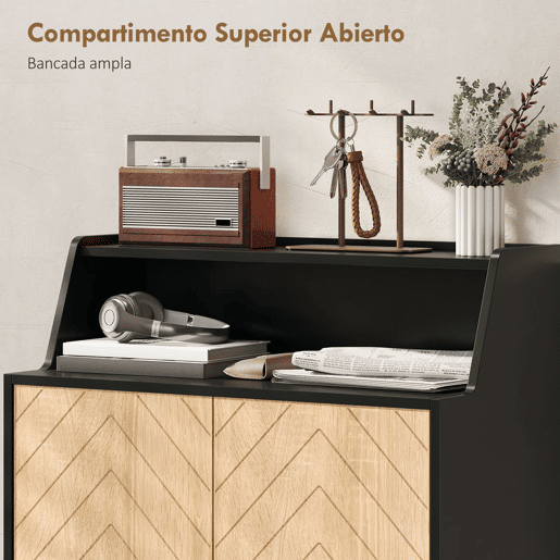 HOMCOM Sapateira de 2 Portas Sapateira para Entrada com Prateleiras Ajustáveis Compartimento Aberto e Pés em Madeira para 15 Pares de Sapatos 75x35x104 cm Preto e Madeira