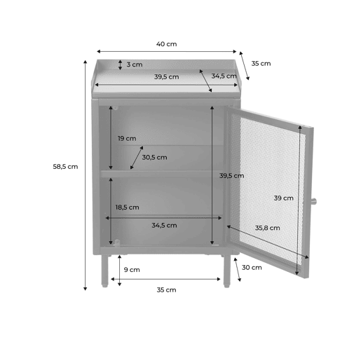 Mesa de cabeceira industrial de metal com 1 porta, set de 2, Ohio, Terracota, 40x35x58 cm