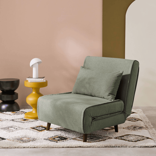 Poltrona de 1 lugar conversível em tecido simple com base de madeira, Guest, Verde caqui, 191x77x49 cm