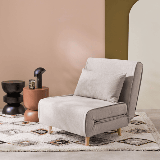 Poltrona de 1 lugar conversível em tecido simple com base de madeira, Guest, Beige, 191x77x49 cm
