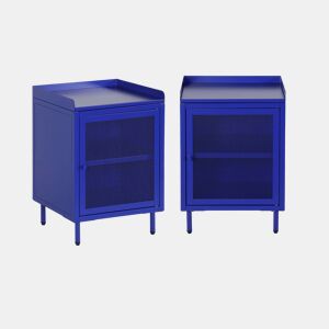 Mesa de cabeceira industrial de metal com 1 porta, set de 2, Ohio, Azul, 40x35x58 cm