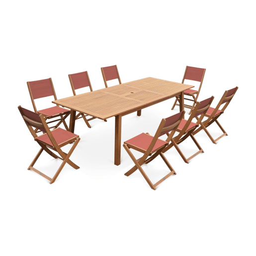 Mesa de jardim extensível em madeira, 8 cadeiras, Almeria, Madeira, 240x100x75 cm