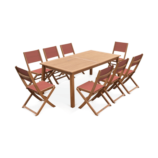 Mesa de jardim extensível em madeira, 8 cadeiras, Almeria, Madeira, 240x100x75 cm