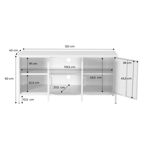 Móvel de TV industrial de metal com 3 portas, 120cm, Alabama, Preto, 120x40x60 cm