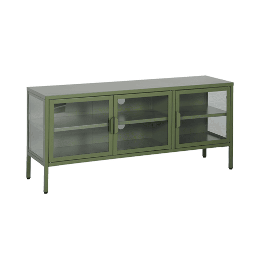 Móvel de TV industrial em metal e vidro com 3 portas, 120cm, Arkansas, Verde, 120x35x55 cm