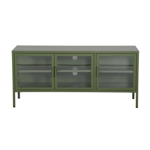 Móvel de TV industrial em metal e vidro com 3 portas, 120cm, Arkansas, Verde, 120x35x55 cm