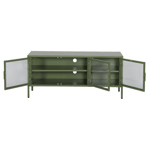 Móvel de TV industrial em metal e vidro com 3 portas, 120cm, Arkansas, Verde, 120x35x55 cm