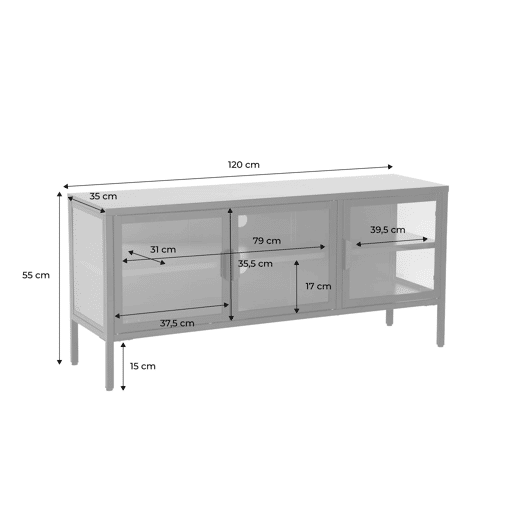 Móvel de TV industrial em metal e vidro com 3 portas, 120cm, Arkansas, Verde, 120x35x55 cm