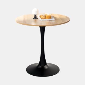 Mesa De Jantar Redonda Moderna De 80 Cm Com Tampo Em MDF E1 Efeito Carvalho E Base Metálica Preta Semibrilhante, Design Tipo Trompete Estável E Elegante, Ideal Para Sala Ou Cozinha, Fácil De Limpar E Resistente