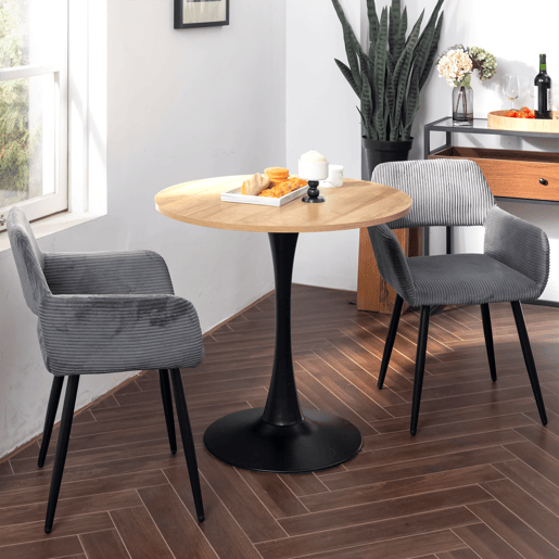 Mesa De Jantar Redonda Moderna De 80 Cm Com Tampo Em MDF E1 Efeito Carvalho E Base Metálica Preta Semibrilhante, Design Tipo Trompete Estável E Elegante, Ideal Para Sala Ou Cozinha, Fácil De Limpar E Resistente