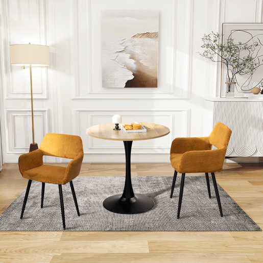 Mesa De Jantar Redonda Moderna De 80 Cm Com Tampo Em MDF E1 Efeito Carvalho E Base Metálica Preta Semibrilhante, Design Tipo Trompete Estável E Elegante, Ideal Para Sala Ou Cozinha, Fácil De Limpar E Resistente