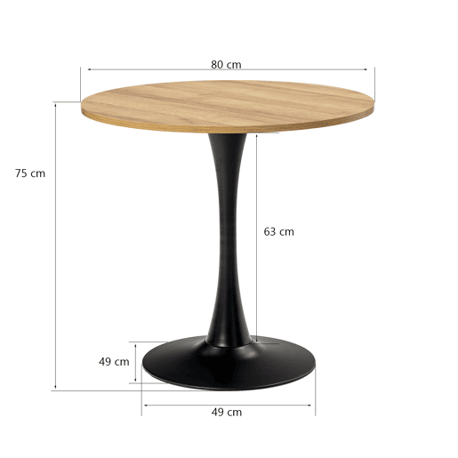 Mesa De Jantar Redonda Moderna De 80 Cm Com Tampo Em MDF E1 Efeito Carvalho E Base Metálica Preta Semibrilhante, Design Tipo Trompete Estável E Elegante, Ideal Para Sala Ou Cozinha, Fácil De Limpar E Resistente