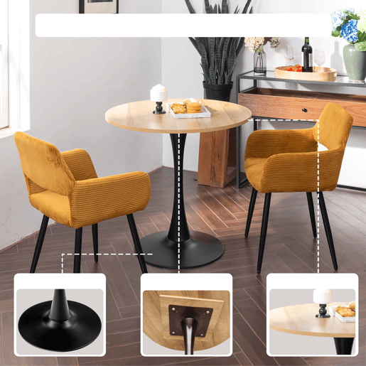 Mesa De Jantar Redonda Moderna De 80 Cm Com Tampo Em MDF E1 Efeito Carvalho E Base Metálica Preta Semibrilhante, Design Tipo Trompete Estável E Elegante, Ideal Para Sala Ou Cozinha, Fácil De Limpar E Resistente