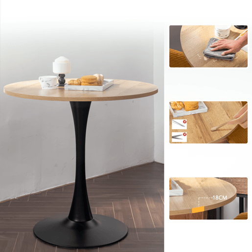 Mesa De Jantar Redonda Moderna De 80 Cm Com Tampo Em MDF E1 Efeito Carvalho E Base Metálica Preta Semibrilhante, Design Tipo Trompete Estável E Elegante, Ideal Para Sala Ou Cozinha, Fácil De Limpar E Resistente